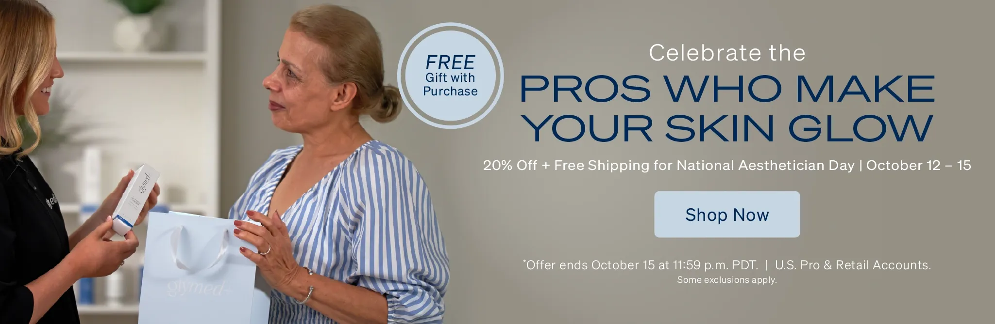 Two women discussing skincare products with promotional text 'Pros Who Make Your Skin Glow'.