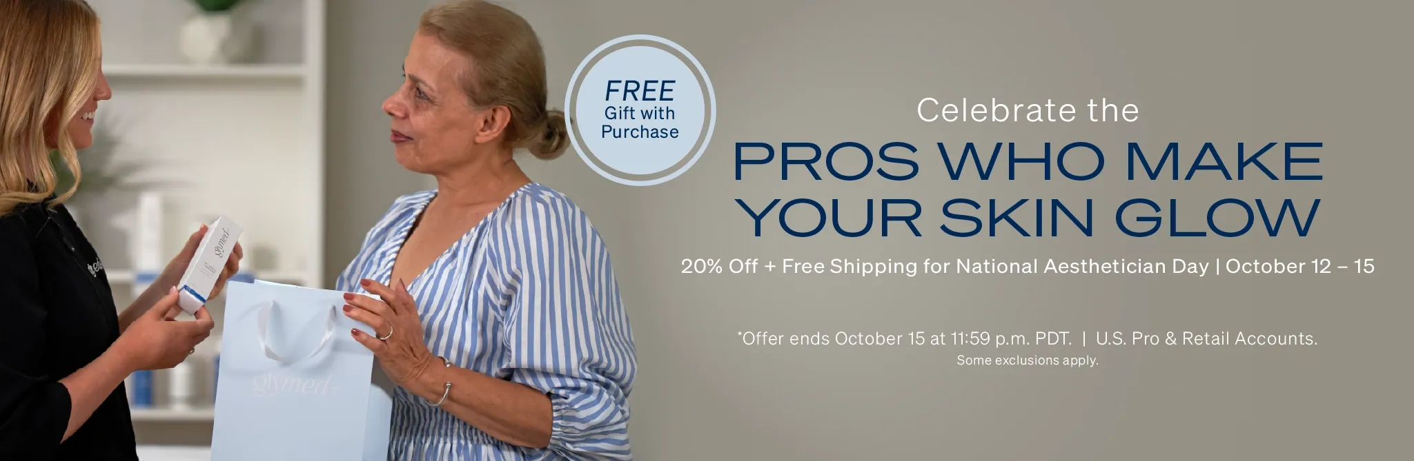 Two people and promotional text 'PROS WHO MAKE YOUR SKIN GLOW' for a free skin plan.