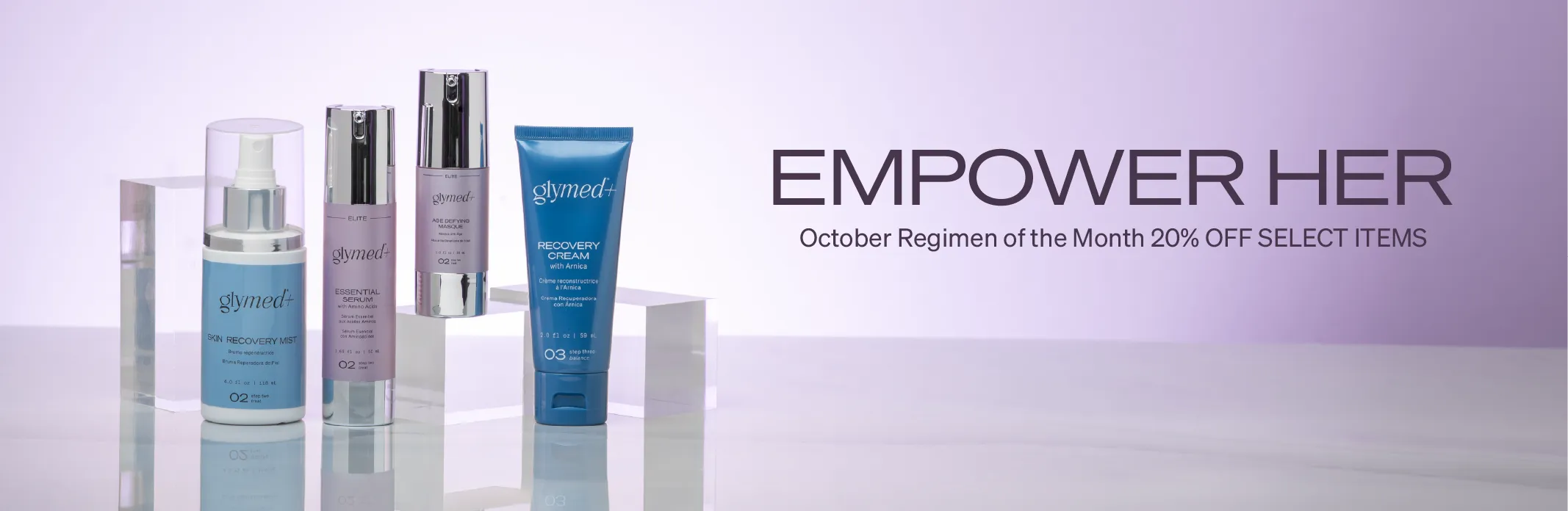 Three skincare products, a bottle, pump, and tube, with 'EMPOWER HER' text on a purple background.